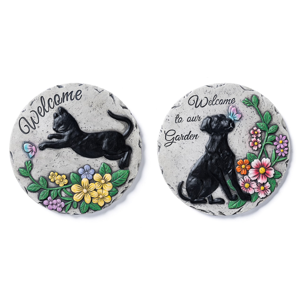 Glitzhome® 10" Set of 2 Cement Cat and Dog Textured Stepping Stones